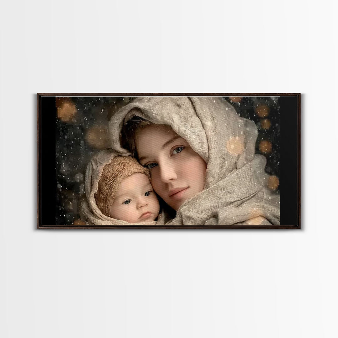 Winter Haven | Framed Canvas Print | Christian Wall Art | Christian Art Canvas | Mary And Jesus Painting | Christmas Art | Christian Art