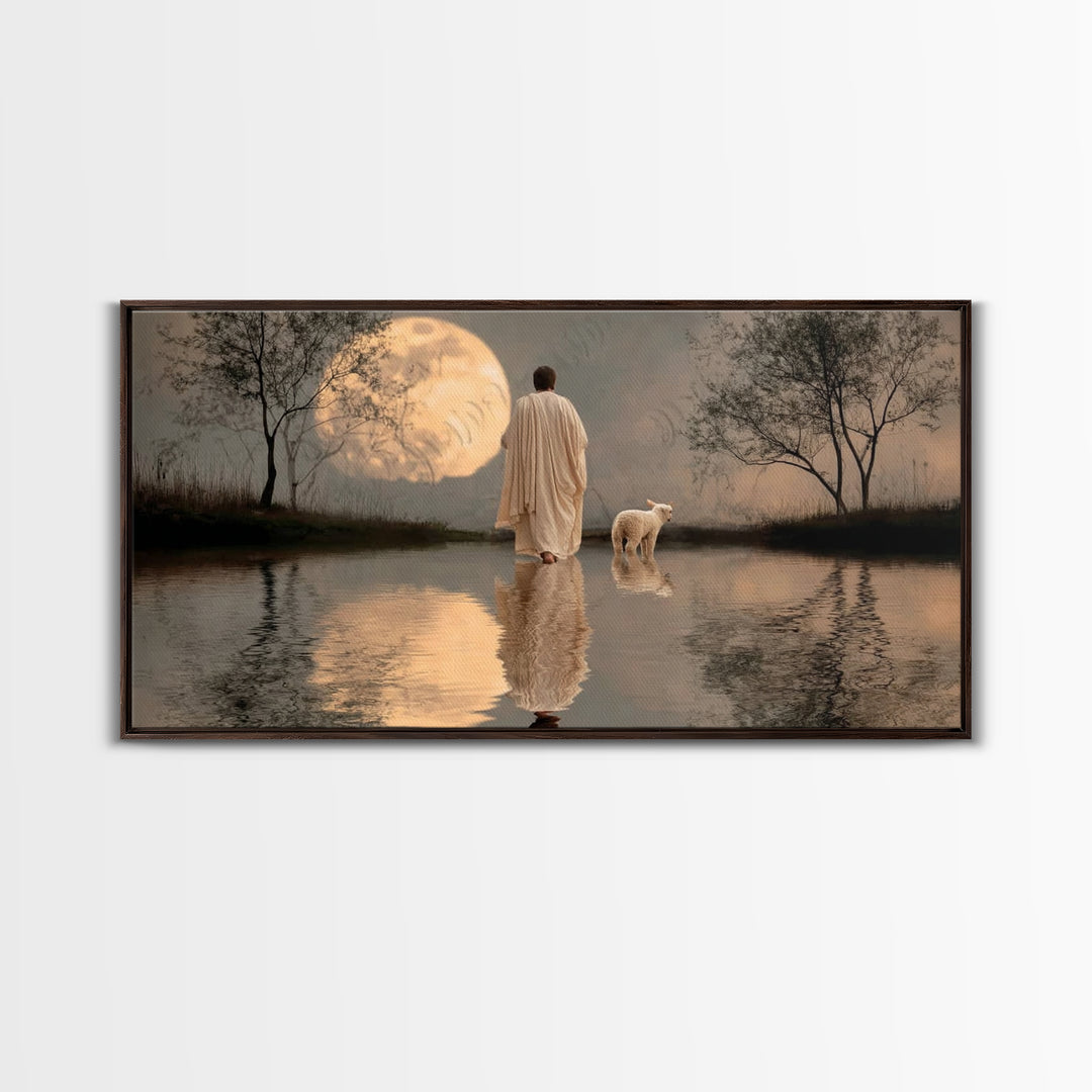 Moonlit Shepherd Calm – Framed Canvas Print – Christian Art Canvas – Christian Wall Art – Jesus Painting – Christian Christmas Art