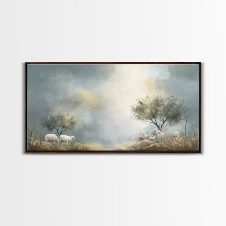 Sacred Pasture Stillness – Framed Canvas Print – Christian Art Print – Jesus Painting – Christian Wall Art – Christmas Canvas Wall Art – Ch