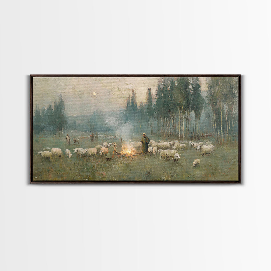 Dawn Of The Shepherds – Framed Canvas Print – Christian Christmas Art – Christian Wall Art – Jesus Painting – Christian Art Canvas – Christ