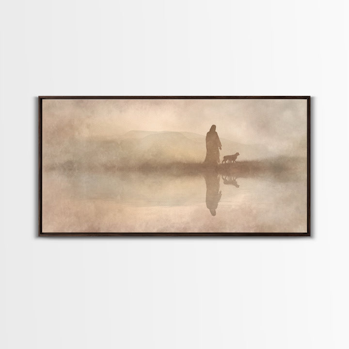 Shepherd In The Mist - Framed Canvas Print - Christian Art Canvas - Christian Christmas Art - Jesus Painting - Christian Wall Art