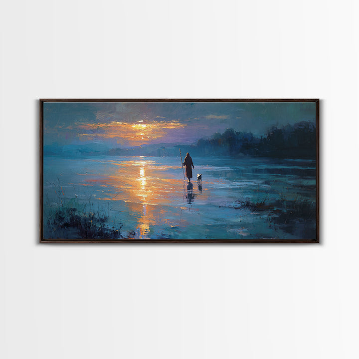 Evening Shepherd Walk - Framed Canvas Print - Christian Wall Art - Jesus Painting - Christian Christmas Art - Christian Art Canvas