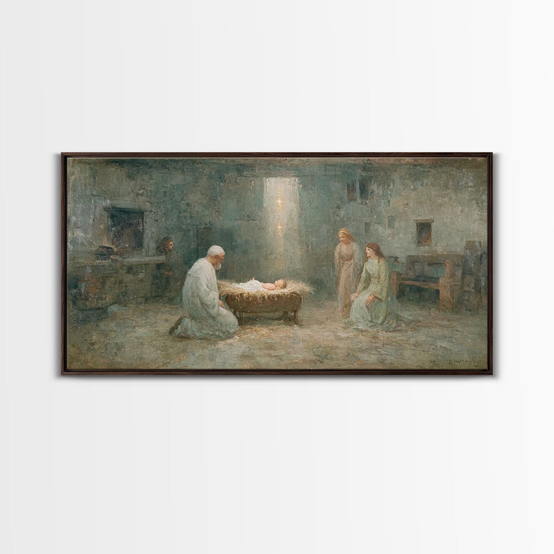 Nativity Reverence, Framed Canvas Print, Christian Paintings, Vintage Christian Art, Christian Wall Art, Christmas Art Framed