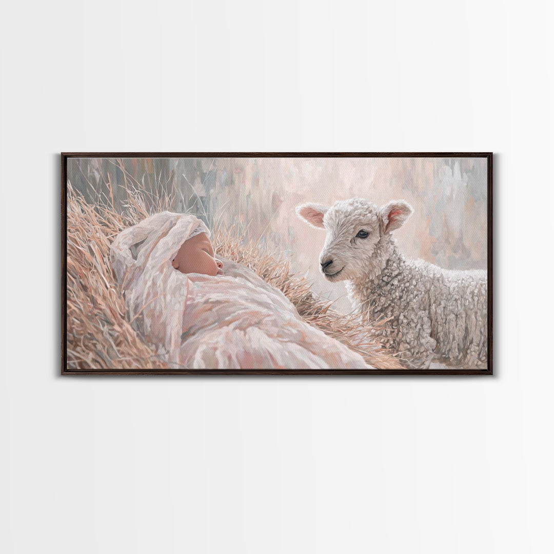 Lamb and Child – Framed Canvas Print – Jesus Painting – Christian Wall Art – Christian Art Canvas – Christian Christmas Art – Christian Dec