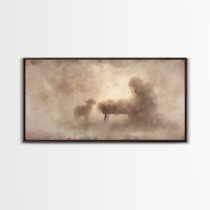 Holy Night Serenity, Framed Canvas Print, Christian Wall Art, Christian Art Canvas, Jesus Painting, Christian Christmas Art