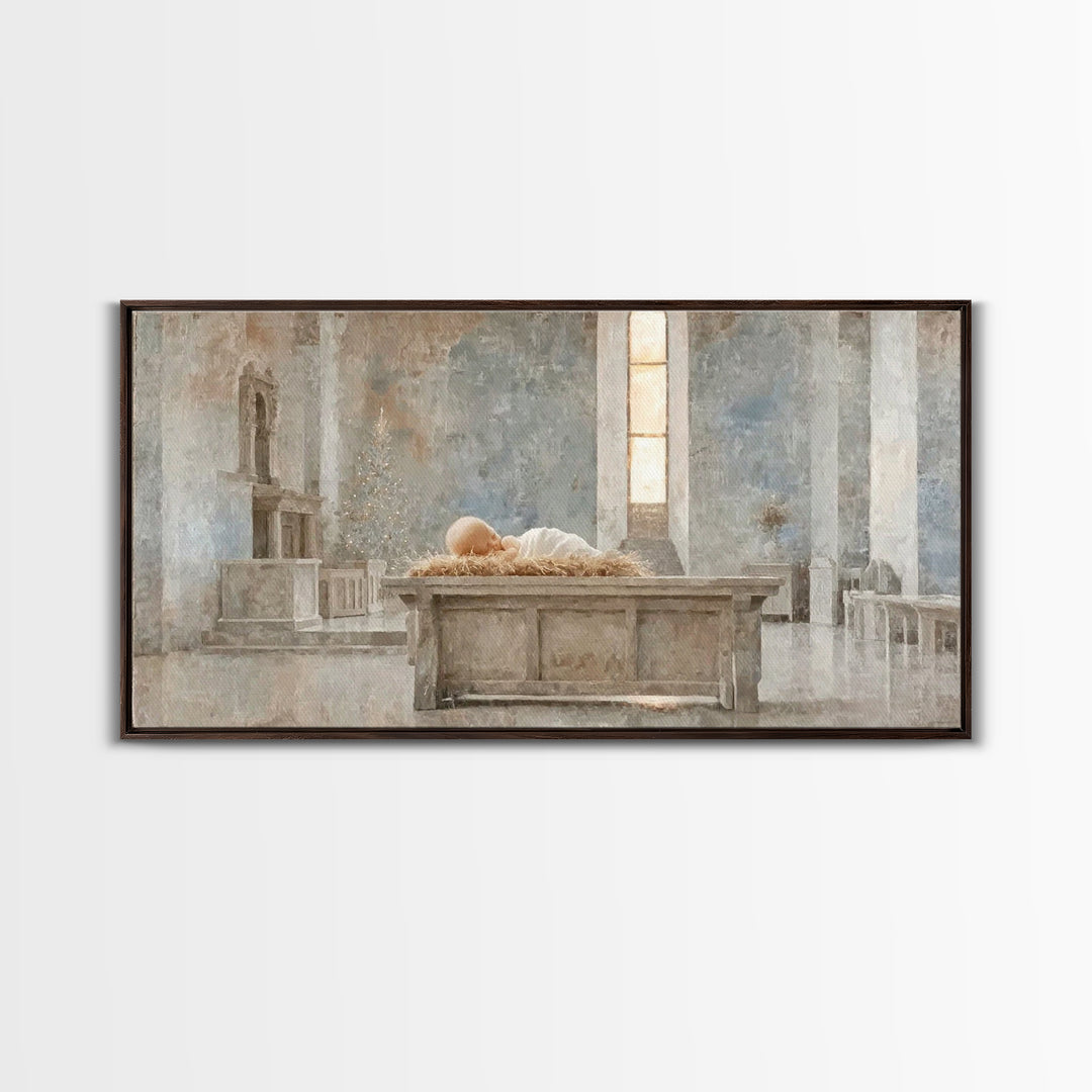 Sanctuary Manger Stillness | Framed Canvas Print | Christian Wall Art | Christian Art Canvas | Christian Christmas Art | Christmas Wall Art