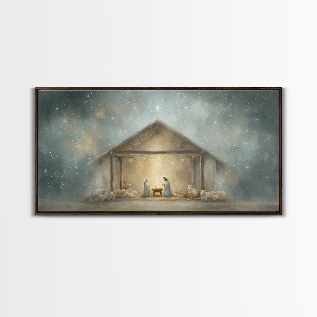Holy Night Shelter – Framed Canvas Print – Christian Christmas Art – Framed Christmas Wall Art – Christian Art Canvas – Christmas Art Work