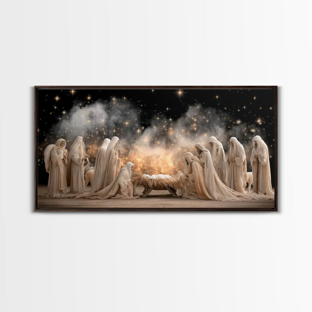 Angelic Midnight Glow – Framed Canvas Print – Christian Art Canvas – Jesus Painting – Christmas Art – Christian Christmas – Christian Decor