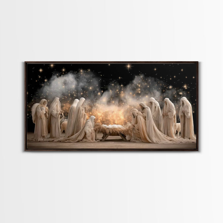 Angelic Midnight Glow – Framed Canvas Print – Christian Art Canvas – Jesus Painting – Christmas Art – Christian Christmas – Christian Decor