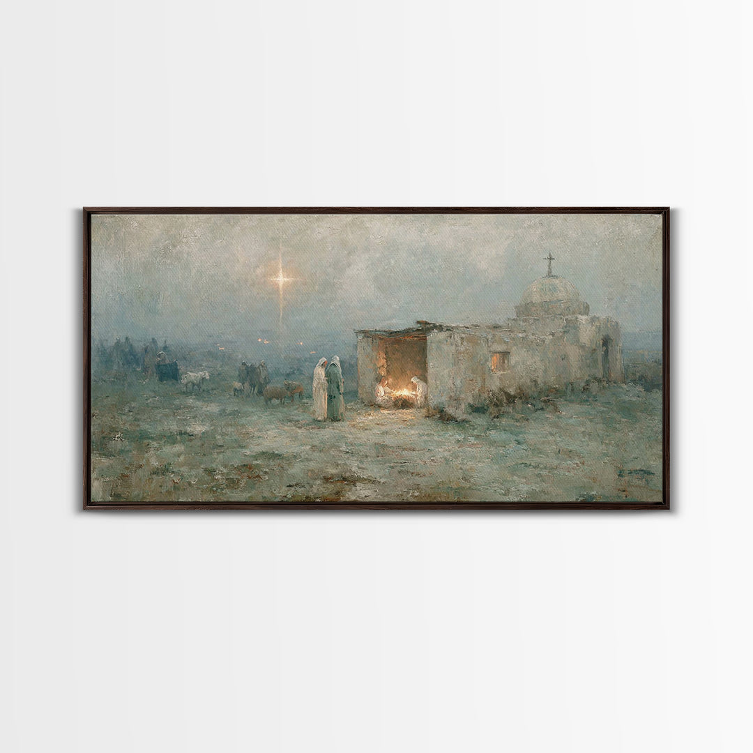 Sacred Night Refuge – Framed Canvas Print – Christian Art Canvas – Jesus Painting – Christmas Art – Christian Christmas – Christian Decor