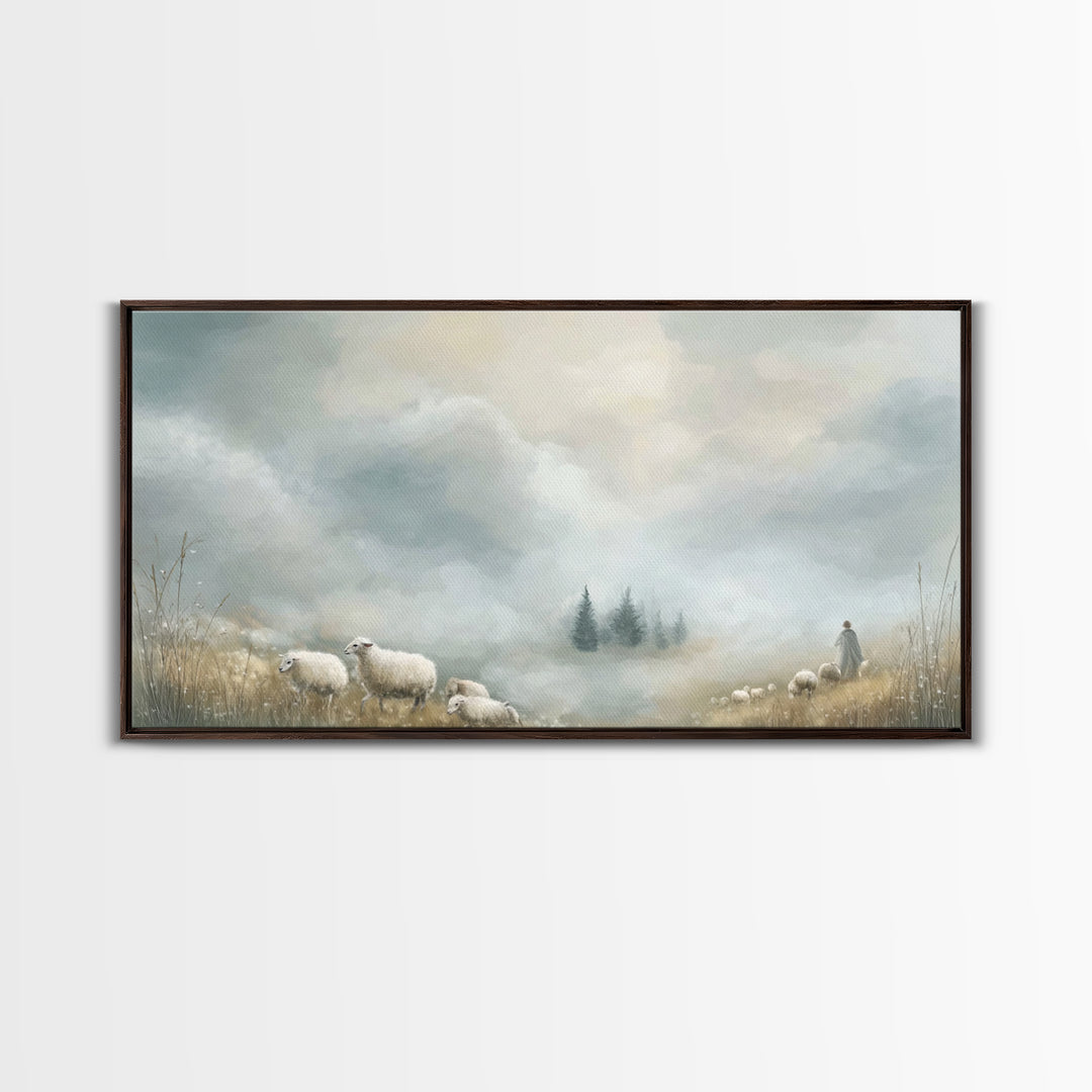 Dawn Meadow Peace, Framed Canvas Print, Christian Art Canvas, Christian Wall Art, Christian Christmas Art, Christian Decor, Jesus Painting