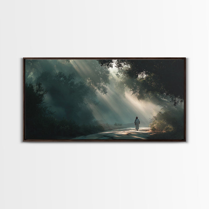 Forest Light Path | Framed Canvas Print | Jesus Painting | Christian Art Canvas | Christian Wall Art | Christian Christmas Art | Christian