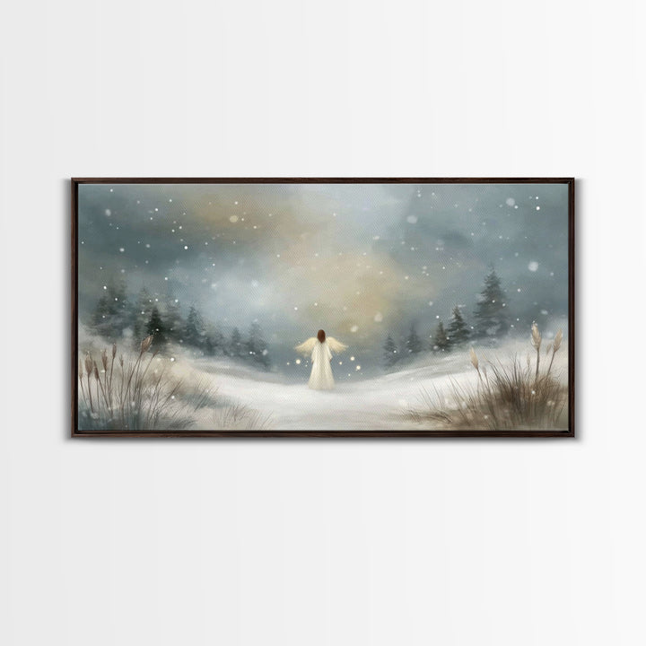 Angel In The Snow, Framed Canvas Print, Christmas Art Prints, Christian Wall Art, Angel Art, Moody Christmas Art
