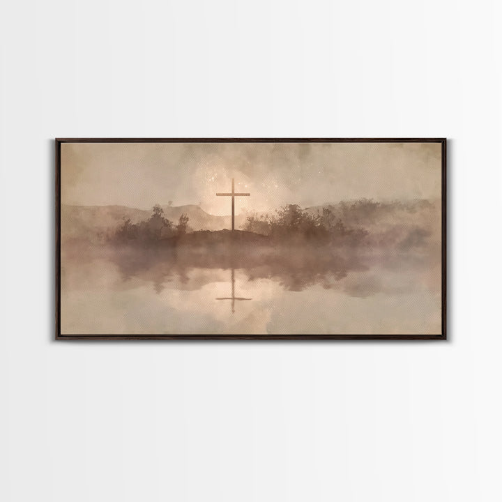 Misty Hill Cross | Framed Canvas Print | Christian Art Canvas | Moody Christian Art | Christian Wall Art | Christmas Art | Christian Decora