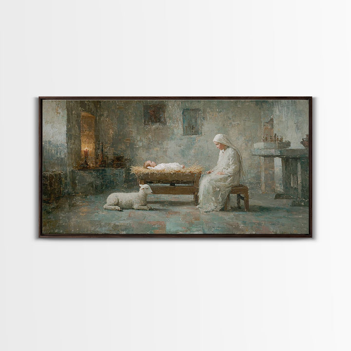 Quiet Manger Peace – Framed Canvas Print – Christian Art Canvas – Christian Wall Art – Christmas Art – Mary And Jesus Painting