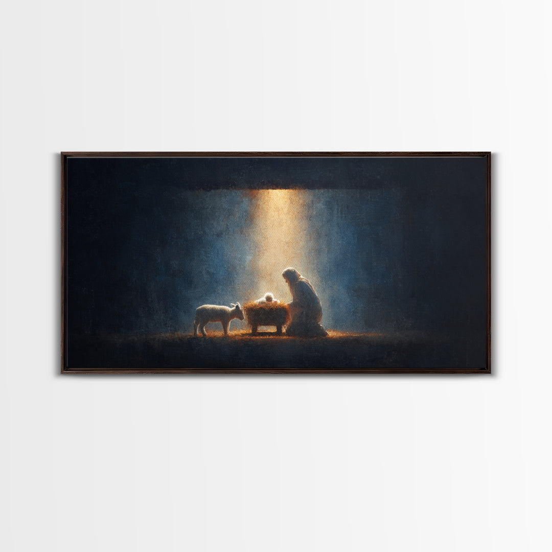 Midnight Manger Glow – Framed Canvas Print – Christian Art Canvas – Christian Wall Art – Jesus Painting – Christmas Art