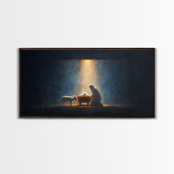 Midnight Manger Glow – Framed Canvas Print – Christian Art Canvas – Christian Wall Art – Jesus Painting – Christmas Art