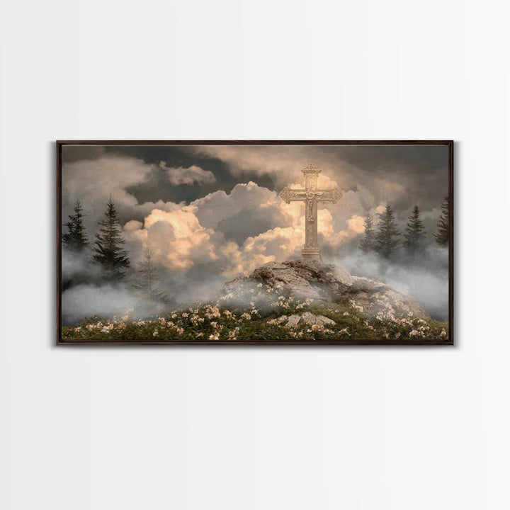 Golden Hill Cross – Framed Canvas Print – Christian Art Canvas – Christian Wall Art – Christian Painting – Large Christian Art