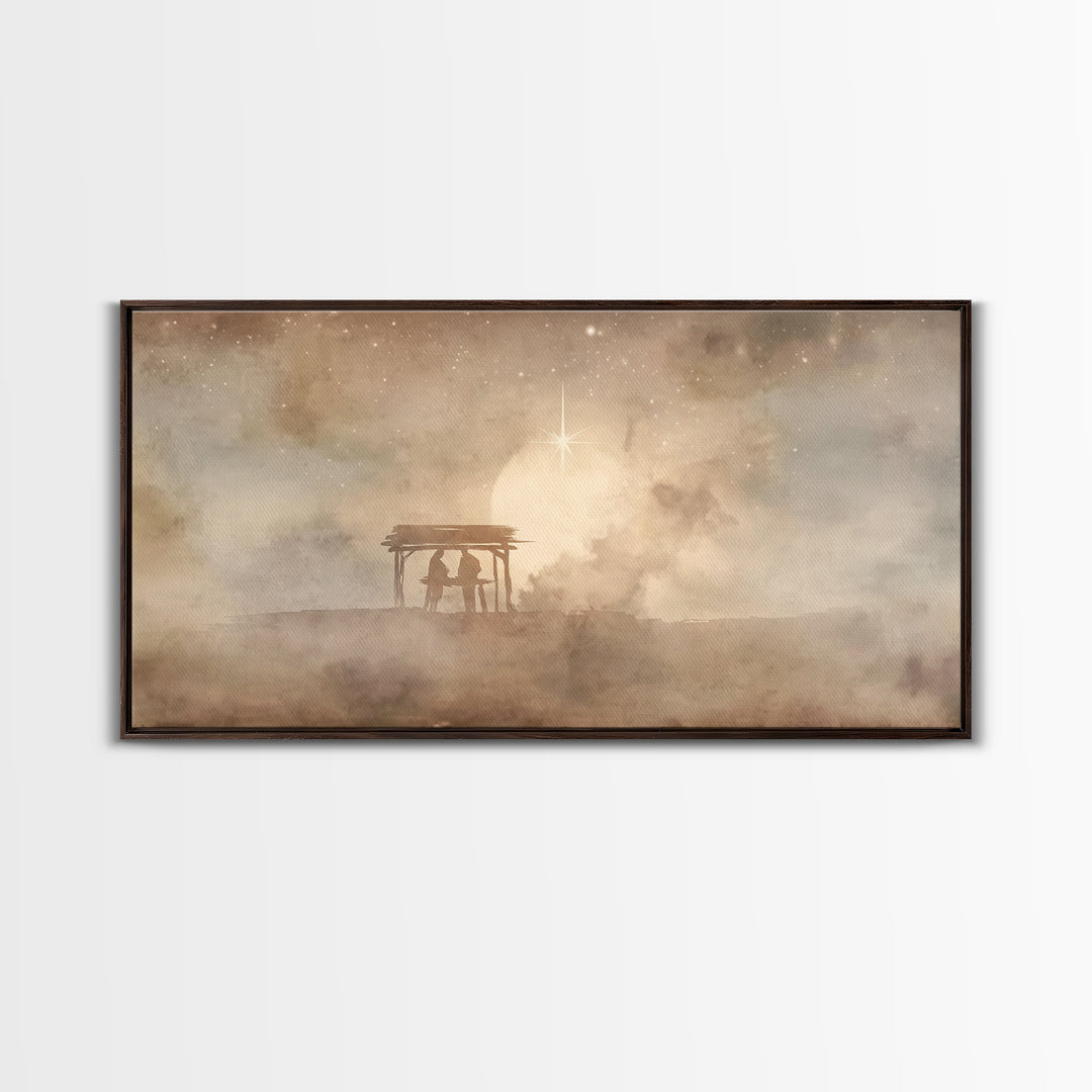 Holy Shelter Night – Framed Canvas Print – Christian Christmas Art – Christian Wall Art – Christmas Art Prints – Jesus Painting – Christian