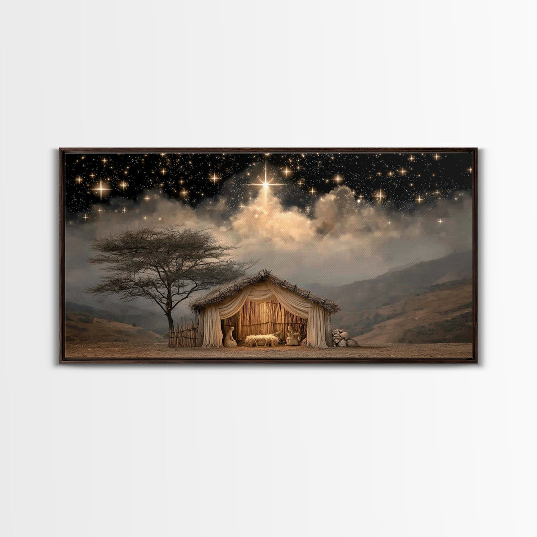 Holy Night Glow, Framed Canvas Print, Christian Christmas Art, Christian Wall Art, Jesus Painting, Christmas Canvas Art
