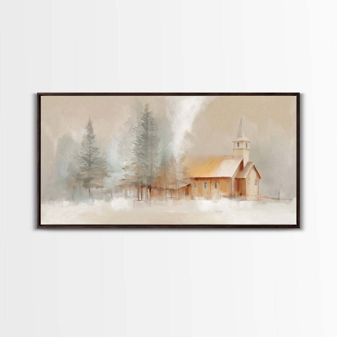 Winter Church Light - Framed Canvas Print - Christian Wall Art - Christmas Art - Christian Art Work - Christian Decor