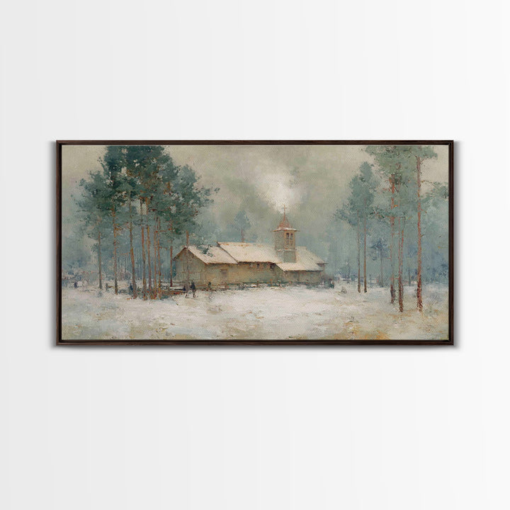 Snowy Pine Chapel | Framed Canvas Print | Christian Wall Art | Christmas Canvas Wall Art | Christian Art Gift | Winter Christian Art