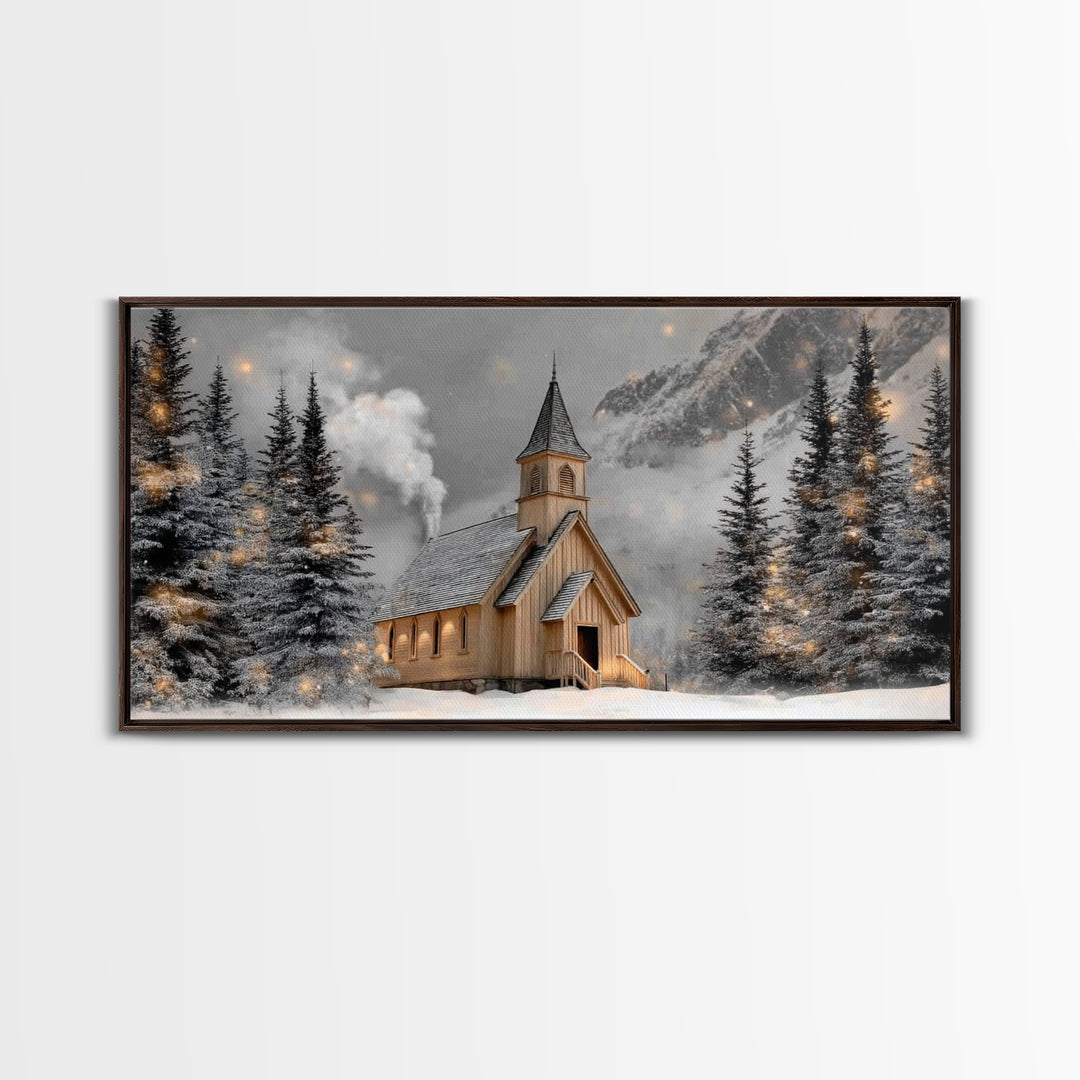 Mountain Chapel Glow - Framed Canvas Print - Christian Wall Art - Christian Christmas Art - Christmas Wall Art - Christian Decor