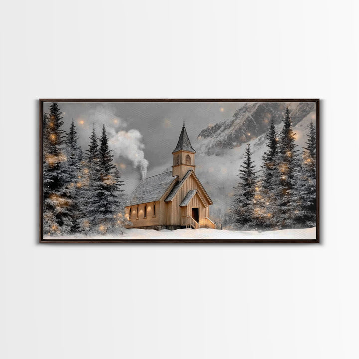 Mountain Chapel Glow - Framed Canvas Print - Christian Wall Art - Christian Christmas Art - Christmas Wall Art - Christian Decor