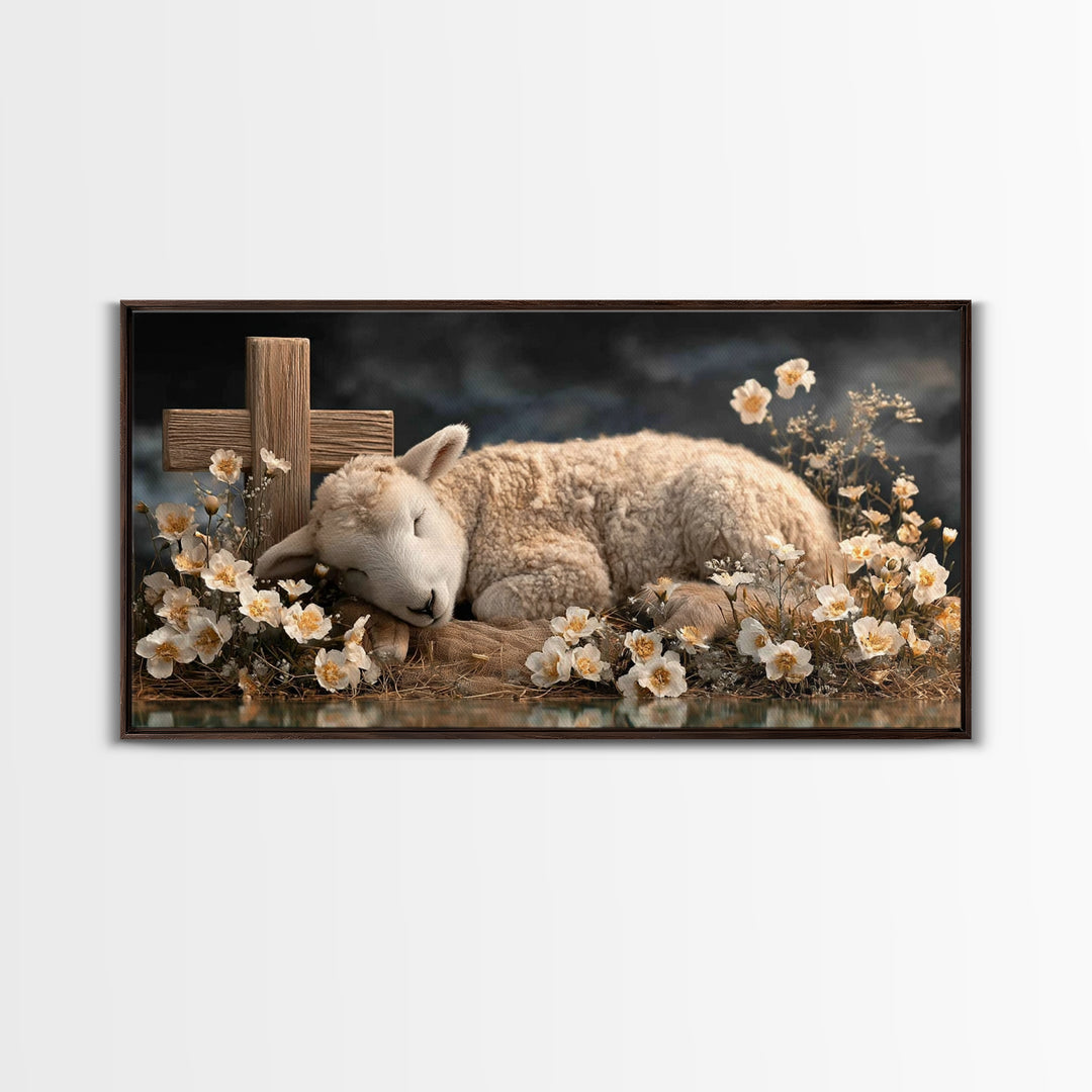 Heavenly Lamb – Framed Canvas Print – Christian Wall Art – Christian Art Canvas – Jesus Painting – Pastoral Scenery – Christian Christmas A