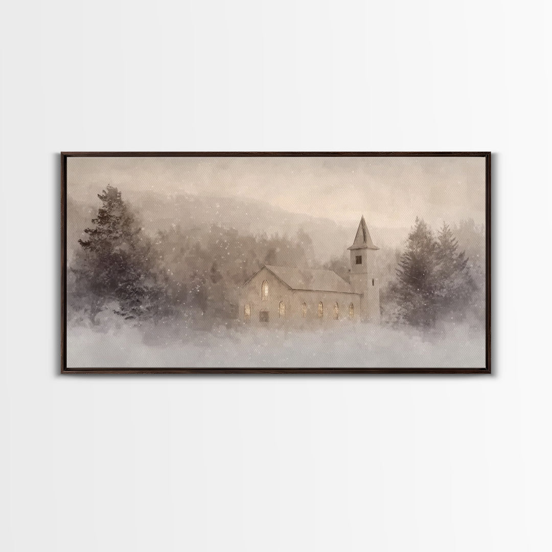 Snowy Chapel – Framed Canvas Print – Christian Christmas Art – Christian Art Canvas – Christmas Wall Art – Christian Paintings – Christian