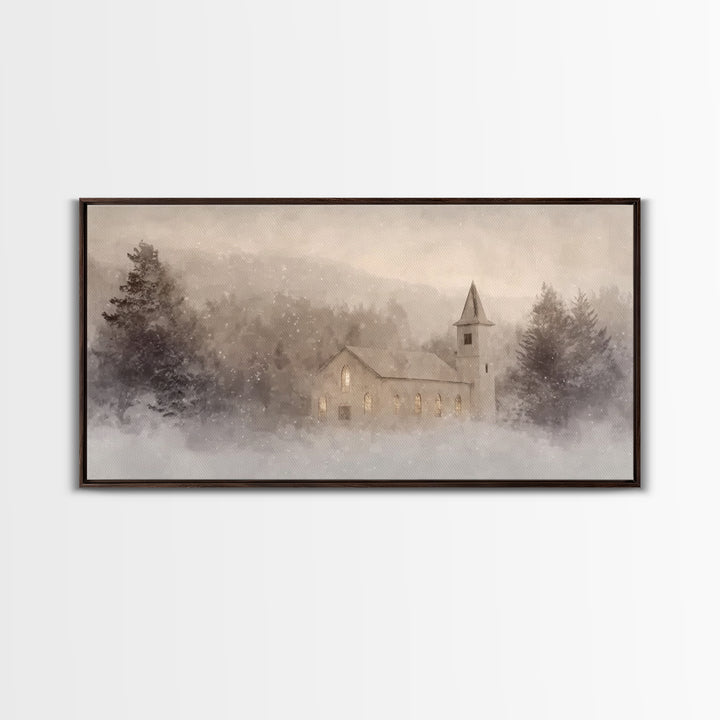 Snowy Chapel – Framed Canvas Print – Christian Christmas Art – Christian Art Canvas – Christmas Wall Art – Christian Paintings – Christian