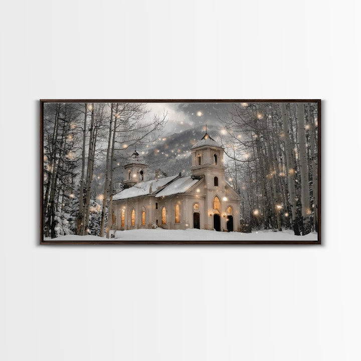 Evergreen Church – Framed Canvas Print – Christmas Wall Art – Christian Art Canvas – Framed Christmas Wall Art – Christian Christmas Art –