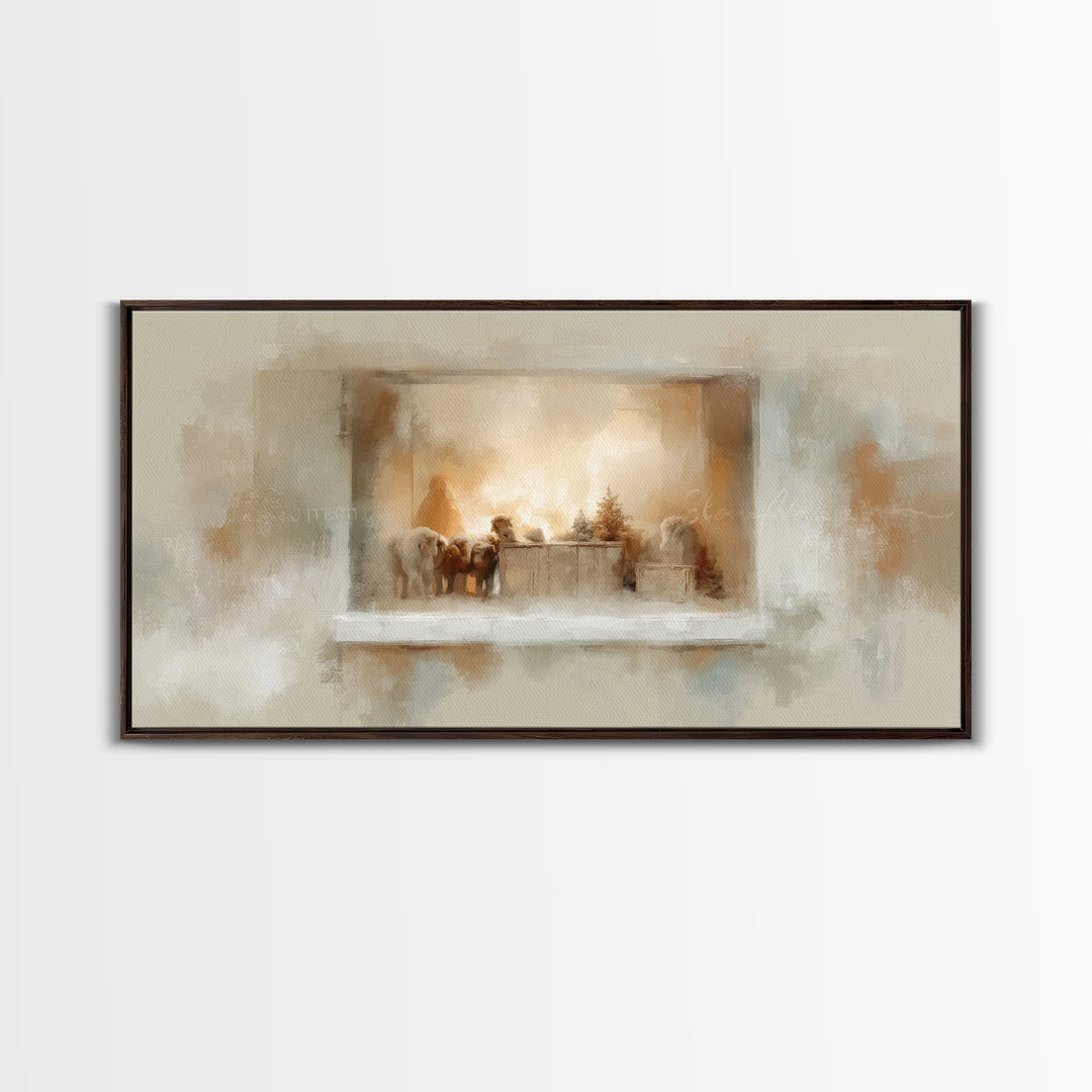 Nativity Window Glow – Framed Canvas Print – Christmas Art – Christian Christmas Decor – Christian Wall Art – Jesus Christmas Art – Christm