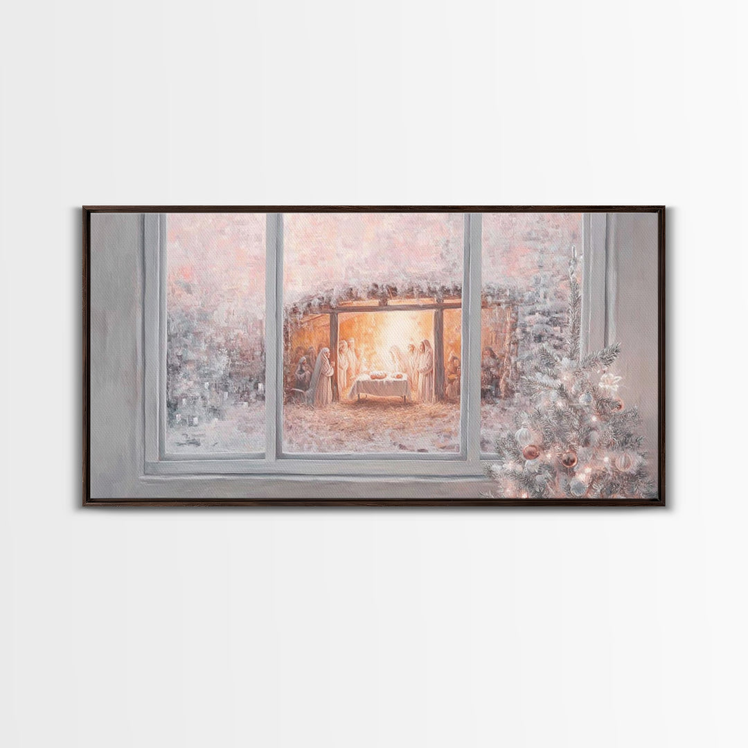 Nativity Through Frosted Glass | Framed Canvas Print | Christian Christmas Art | Christmas Wall Art | Jesus Painting | Christian Art Canvas