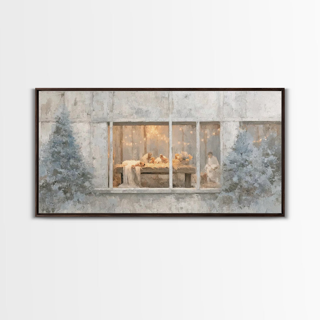 Winter Manger Light – Framed Canvas Print – Christian Christmas Art – Christmas Wall Art – Jesus Painting – Christian Art Canvas – Framed C