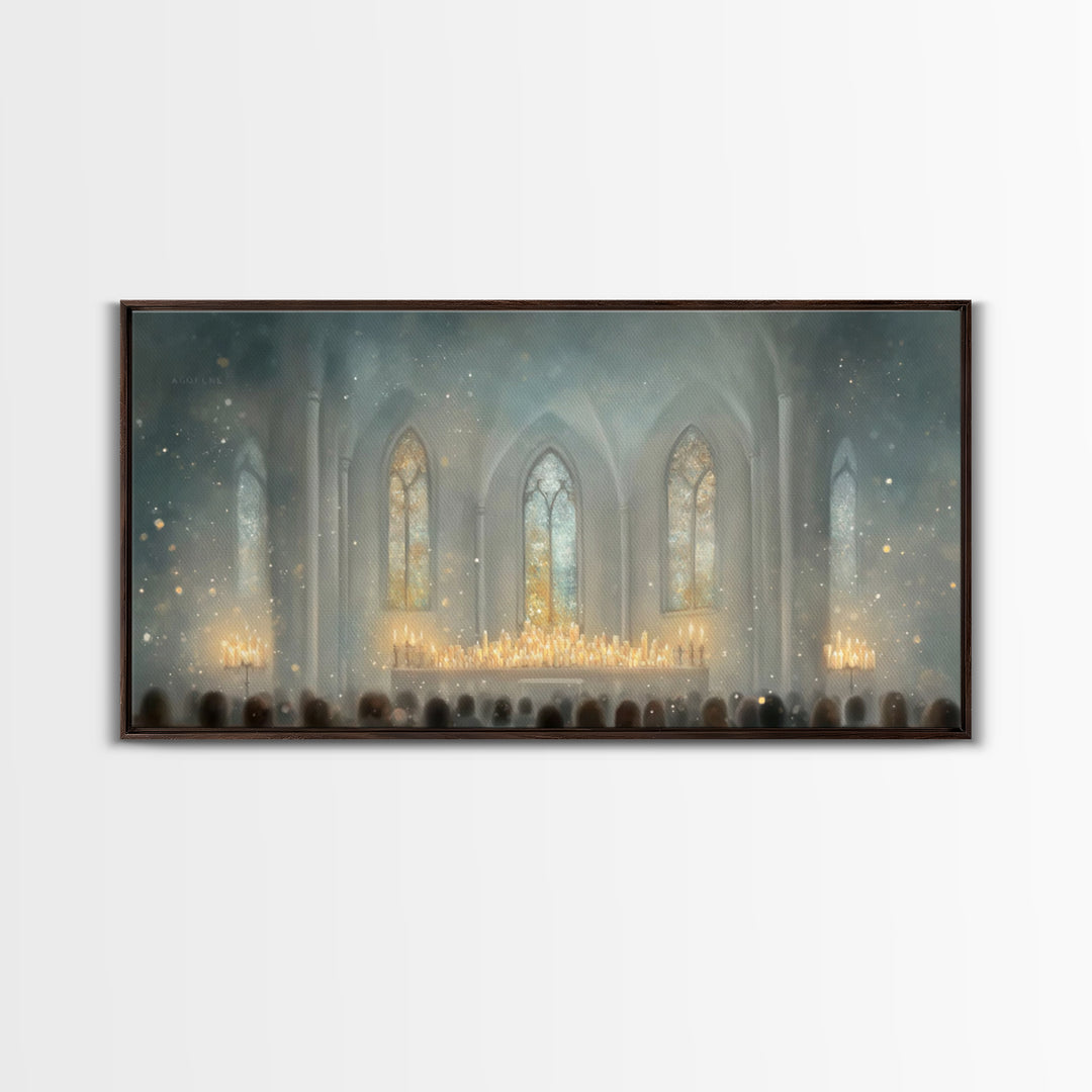 Cathedral Midnight Flame – Framed Canvas Print – Christian Paintings – Christmas Wall Art – Christian Christmas Art – Large Christian Paint