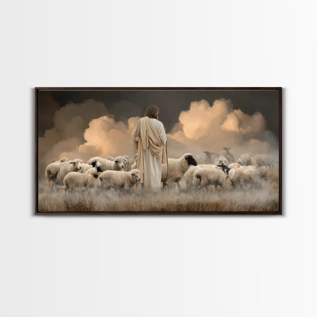 Evening Flock Peace – Framed Canvas Print | Christian Art | Jesus Painting | Christian Art Canvas | Christian Wall Art | Christmas Art