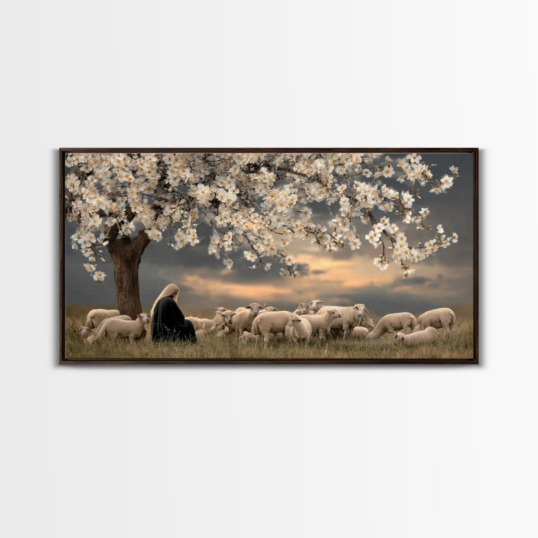 Gentle Twilight Shepherd, Framed Canvas Print, Christian Wall Art, Jesus Painting, Christmas Art, Christian Art Canvas