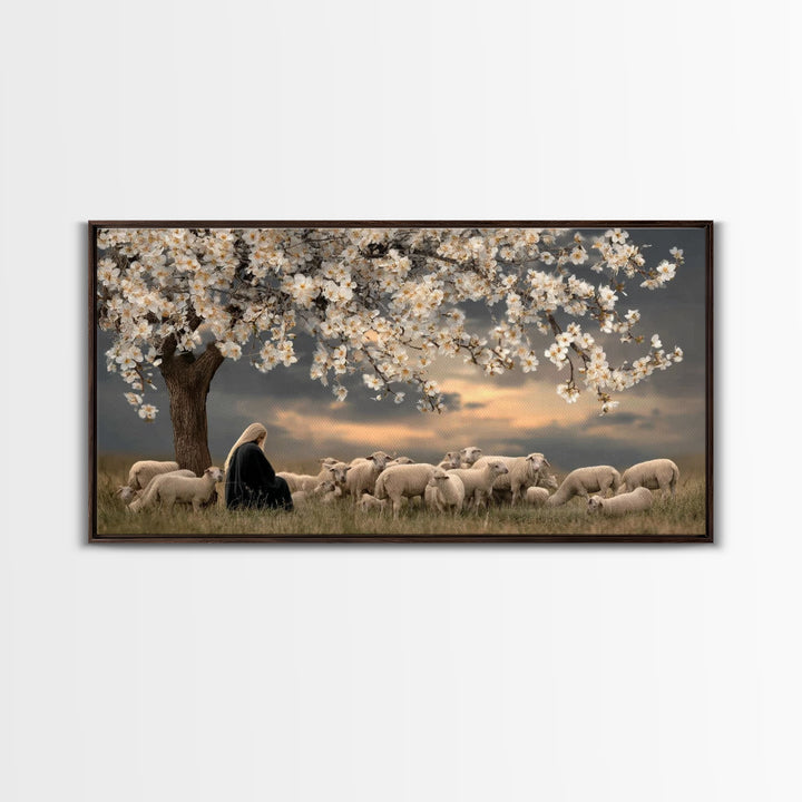 Gentle Twilight Shepherd, Framed Canvas Print, Christian Wall Art, Jesus Painting, Christmas Art, Christian Art Canvas