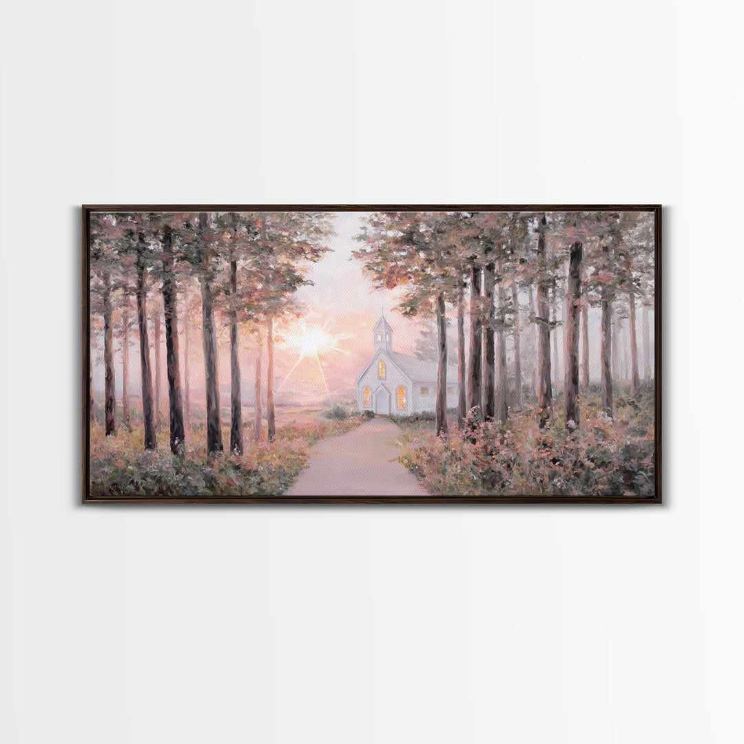 Sunlit Chapel Path, Framed Canvas Print, Christian Art Canvas, Christian Wall Art, Christian Art, Christian Painting, Christian Gift Ideas