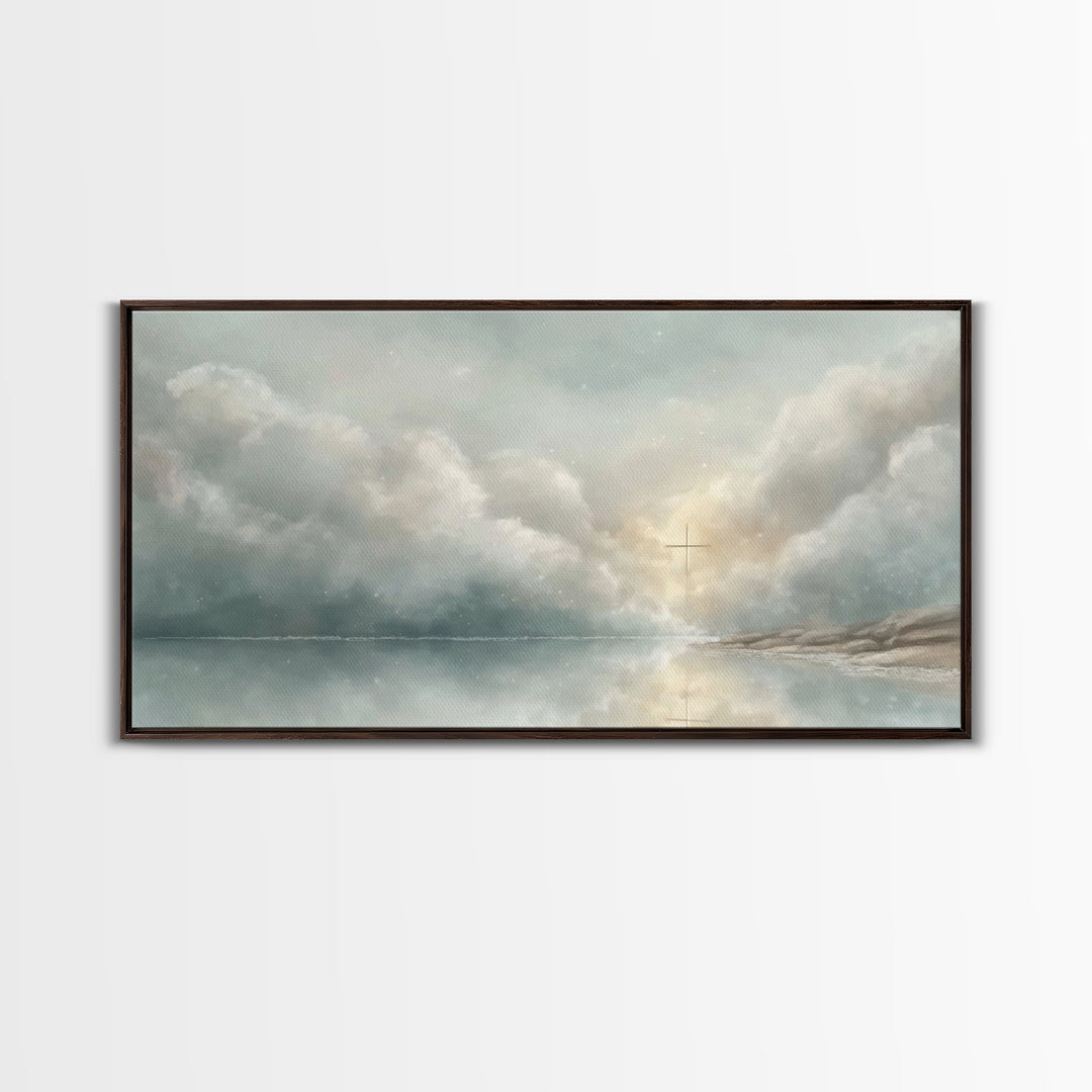 Cross In The Mist – Framed Canvas Print – Christian Wall Art – Jesus Painting – Moody Christmas Art – Christian Gift Ideas – Christian Art