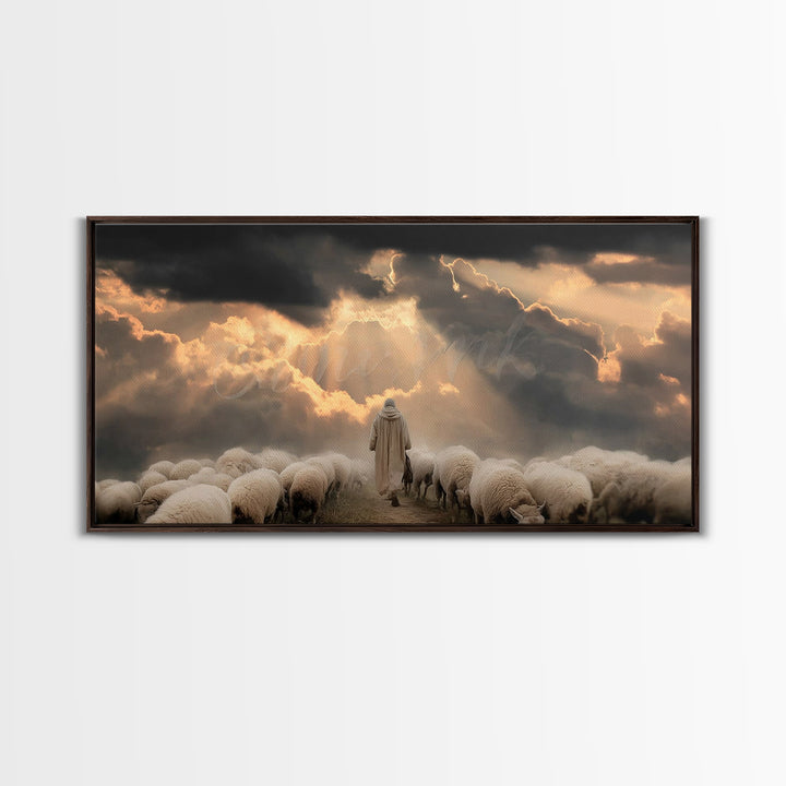 Heavenly Shepherd Light – Framed Canvas Print – Christian Wall Art – Christian Christmas Art – Jesus Painting – Christmas Canvas Wall Art –