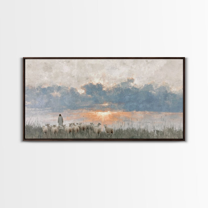 Dawn Of The Flock – Framed Canvas Print – Vintage Christian Art – Christian Wall Art – Christian Art Canvas – Jesus Painting – Christian Ch