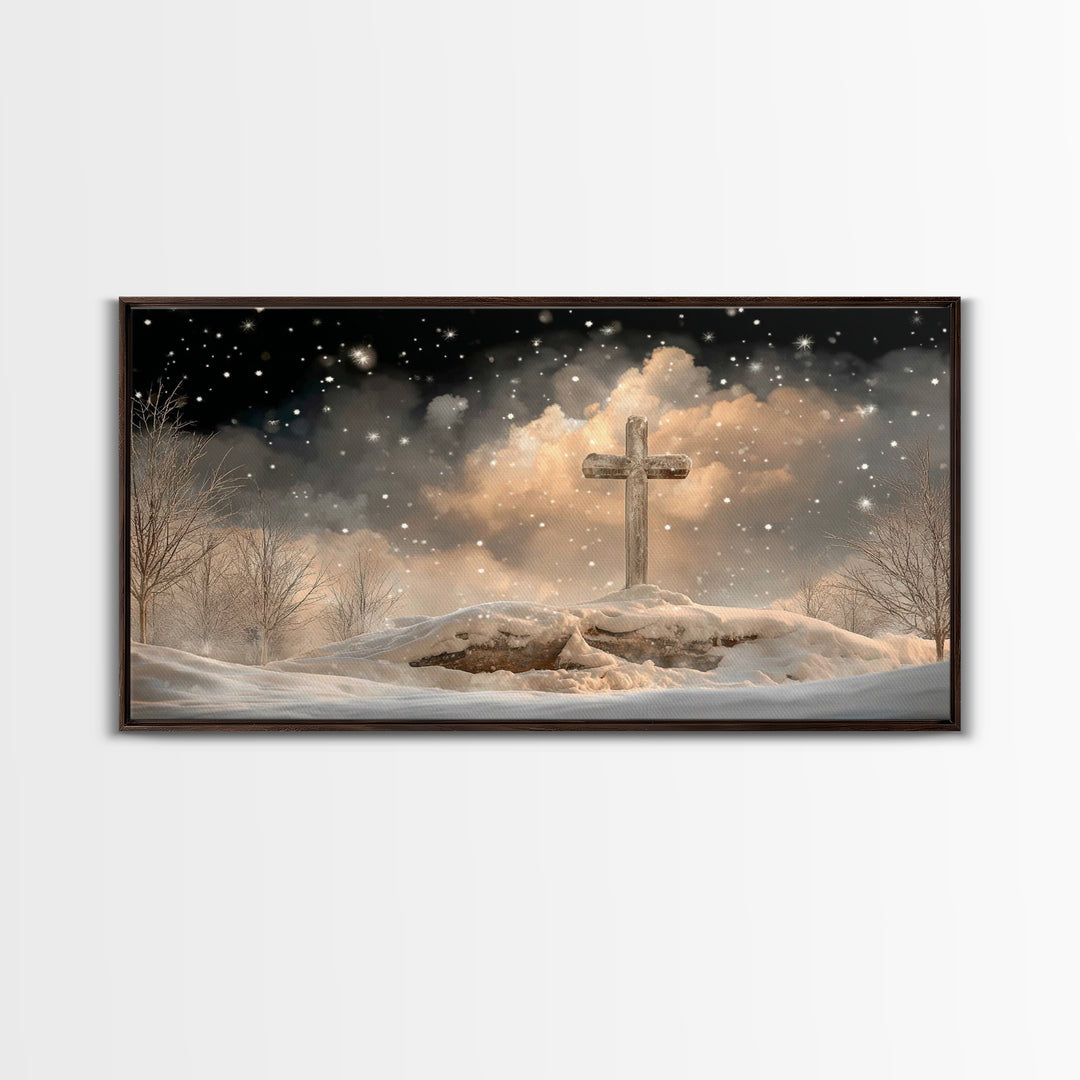 Midnight Bethlehem Glow – Framed Canvas Print – Christian Christmas Art – Christian Wall Art – Christian Art Canvas – Christmas Wall Art –