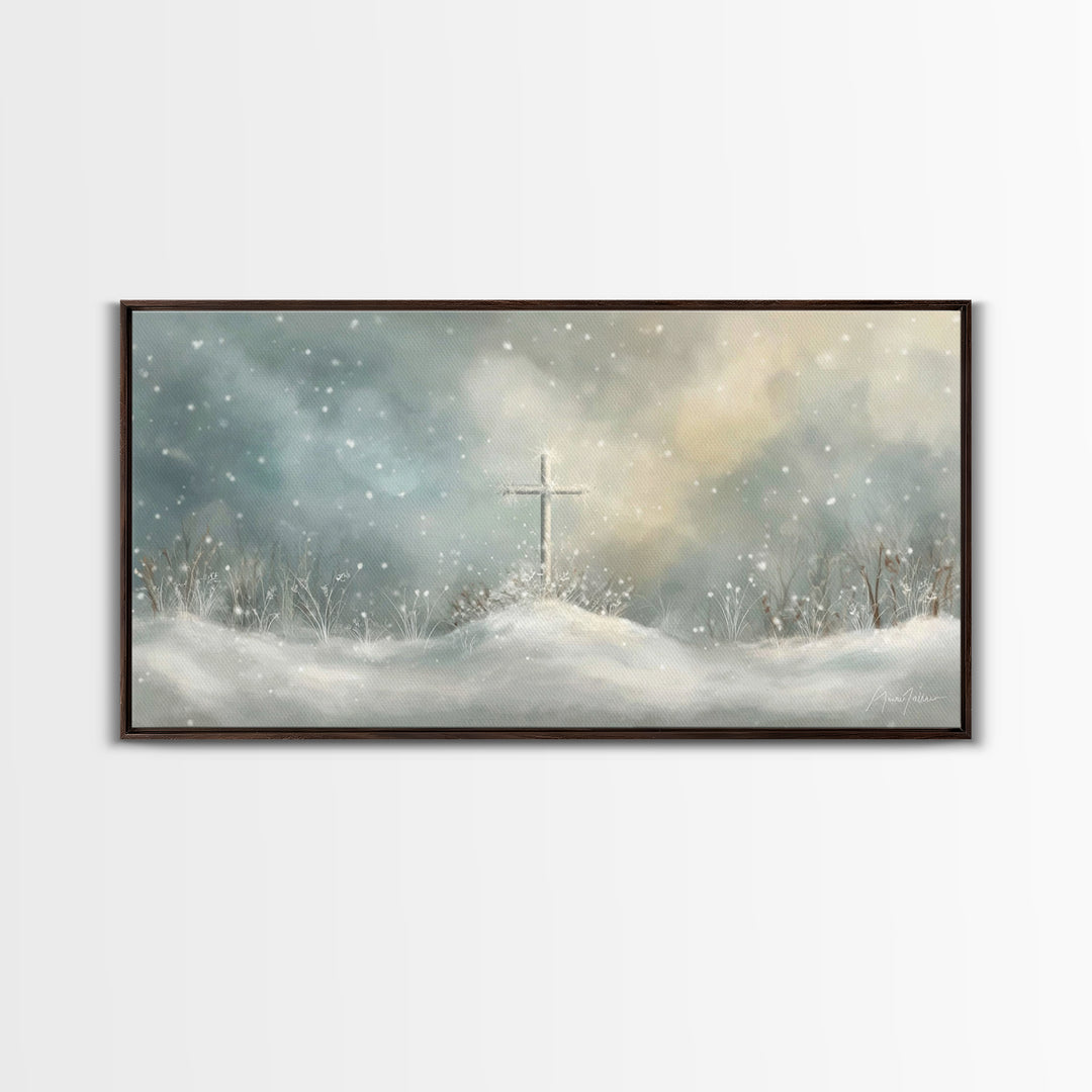 Frosted Cross Light – Framed Canvas Print – Christian Art Canvas – Minimalist Christian Art – Christian Wall Art – Subtle Christian Art – C