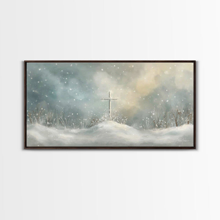 Frosted Cross Light – Framed Canvas Print – Christian Art Canvas – Minimalist Christian Art – Christian Wall Art – Subtle Christian Art – C