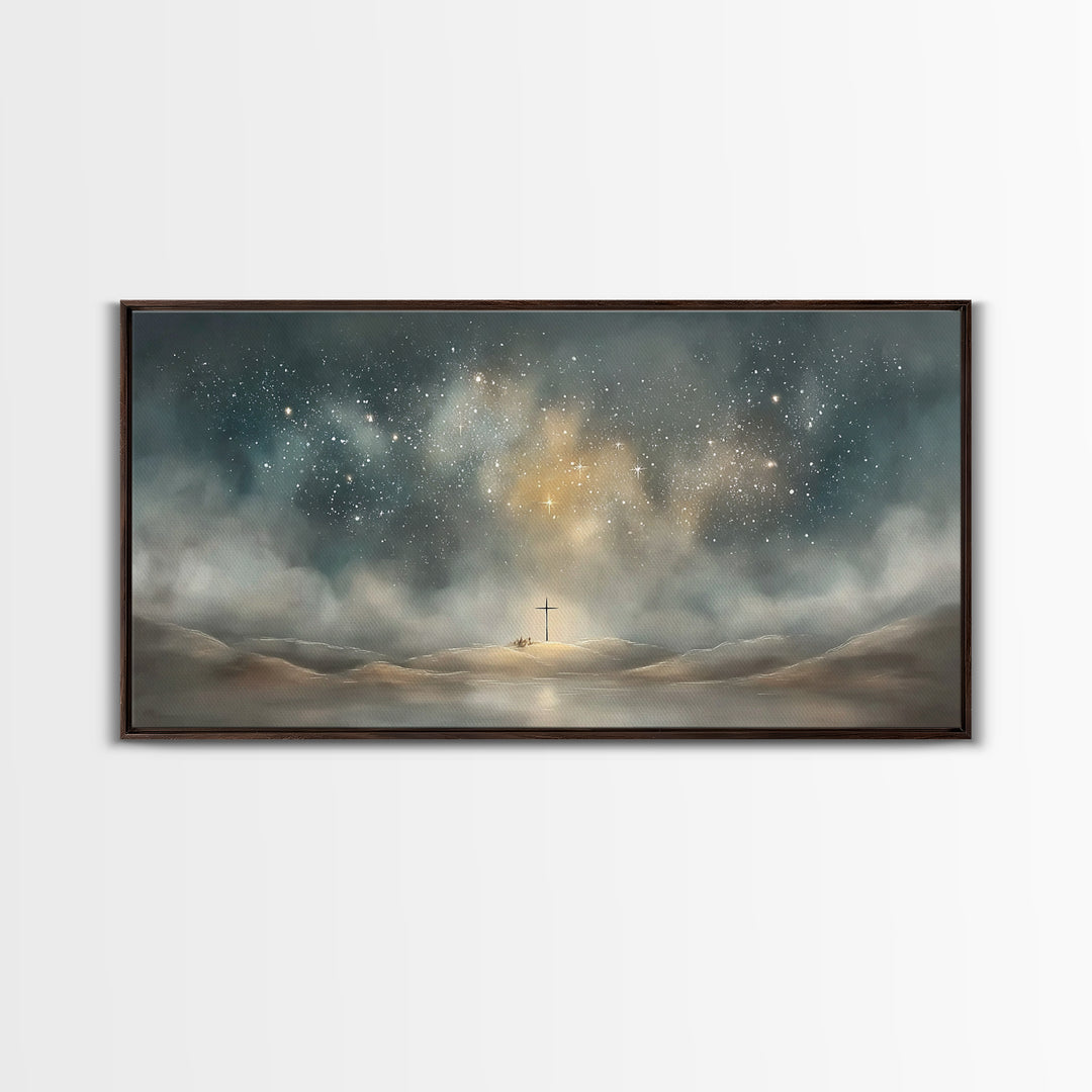 Starlit Crossland – Framed Canvas Print – Christian Art Canvas – Christian Wall Art – Modern Christian Art – Christmas Art – Christian Gift