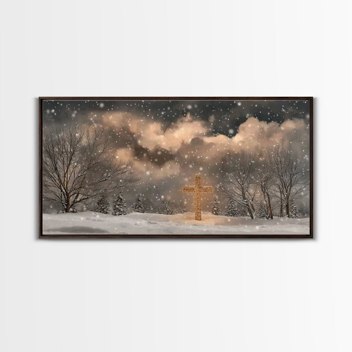 Snowbound Grace – Framed Canvas Print – Christmas Wall Art – Christian Art Canvas – Moody Christmas Art – Christian Painting