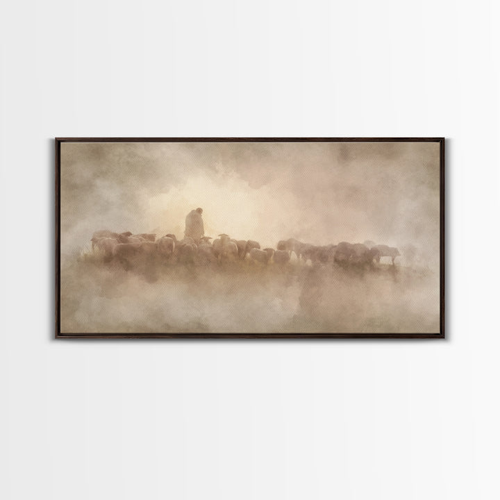 Shepherds Of Dawn - Framed Canvas Print - Christian Wall Art - Christian Art Canvas - Jesus Painting - Pastoral Scenery - Christian Gift