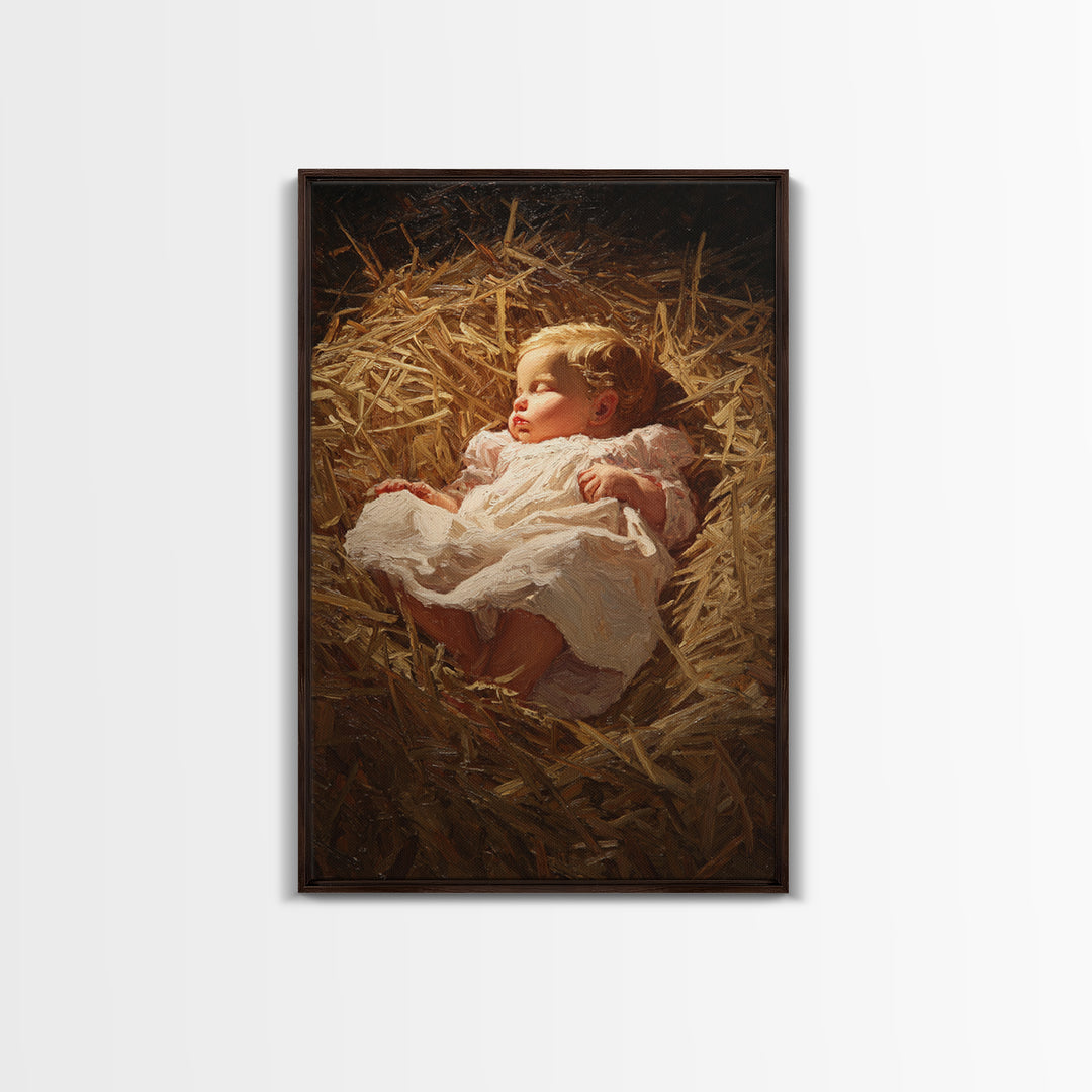 Silent Straw Light, Framed Canvas Print, Christian Art Canvas, Christmas Wall Art, Jesus Painting Canvas, Christian Christmas Art, Christia
